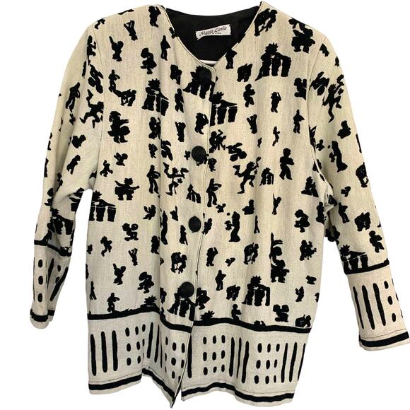Maria Lasia Folk Print Top Jacket Large Black Ivory Unique Womens Boho Artsy USA - Picture 1 of 8